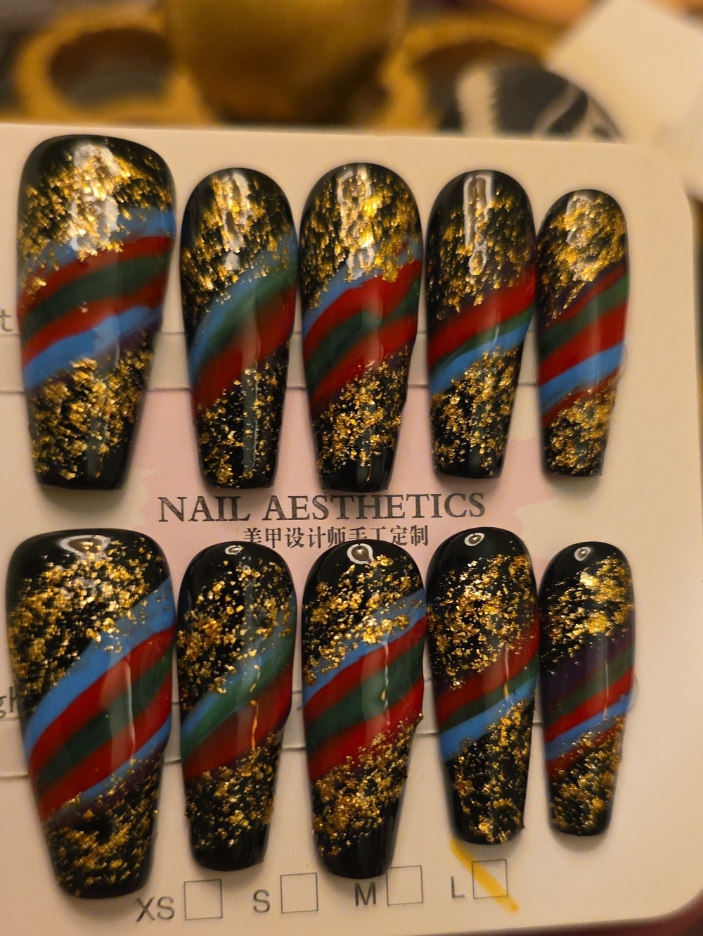 Black Gold Foil Press-On Nails with Multicolor Stripes Size Large